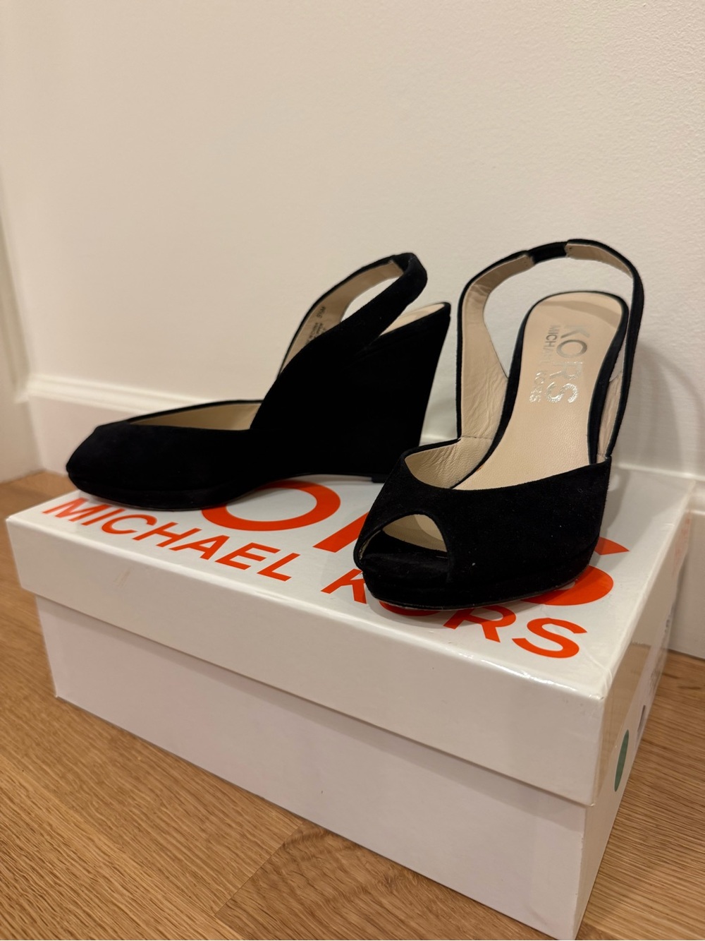 KORS Michael Kors Black Suede Wedge Slingback Peep-Toe Heels ~ SIZE 5.5